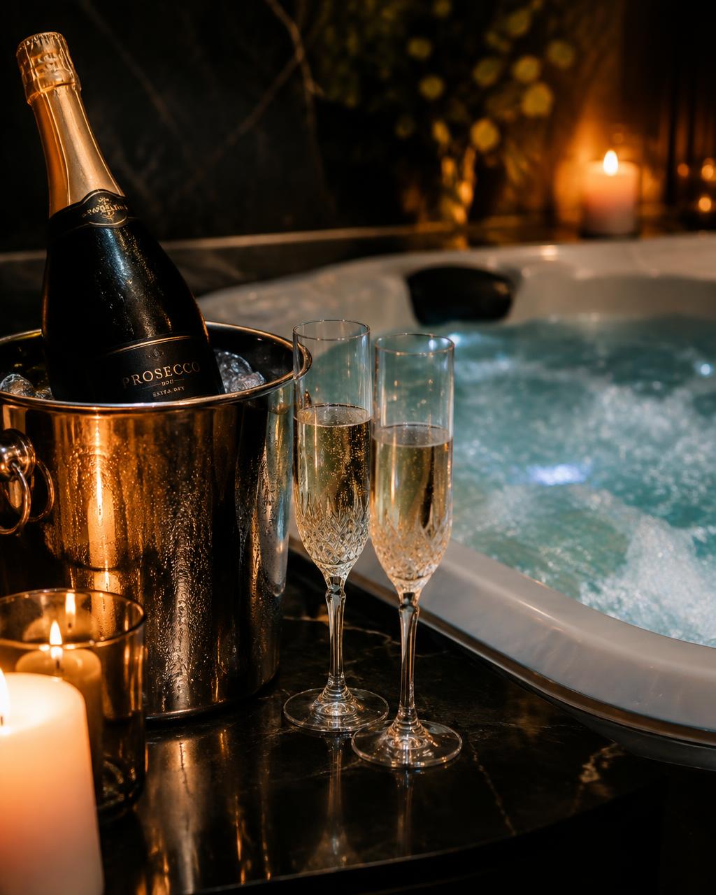Bottiglia di Prosecco e calici accanto alla vasca idromassaggio